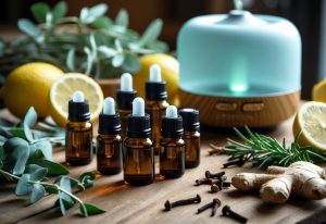 A table with bottles of essential oils, fresh herbs, lemon slices, and an essential oil diffuser emitting mist indoors.