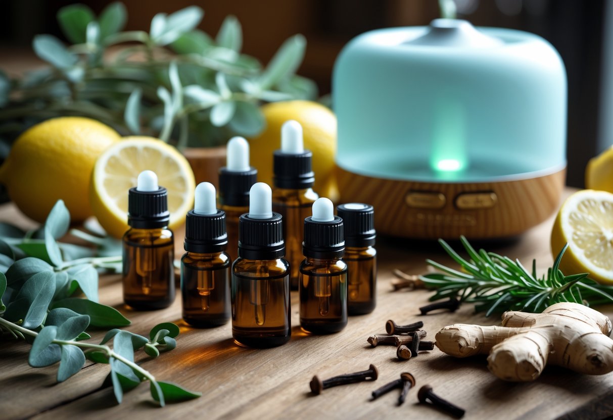 A table with bottles of essential oils, fresh herbs, lemon slices, and an essential oil diffuser emitting mist indoors.