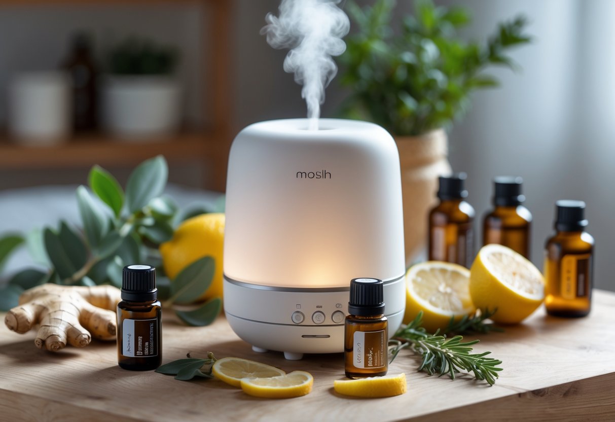 A diffuser releasing mist on a table surrounded by essential oil bottles and fresh natural ingredients like eucalyptus, ginger, lemon, and rosemary.