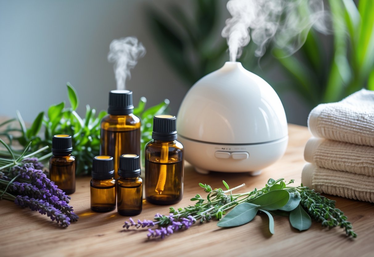A wooden table with amber essential oil bottles, fresh herbs, a white diffuser emitting mist, and cotton towels arranged neatly.