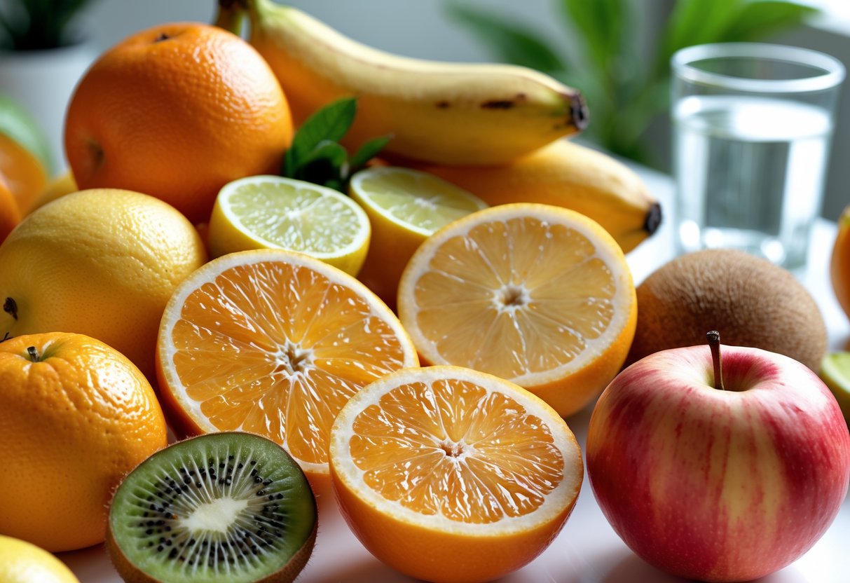 A close-up of a variety of fresh fruits including oranges, lemons, bananas, kiwis, and apples arranged on a white surface with a glass of water and herbal tea in the background.