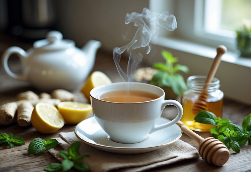 A steaming cup of herbal tea on a wooden table surrounded by lemon slices, ginger, honey, and mint in a cozy kitchen setting.