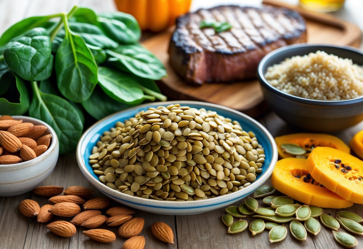 A variety of iron-rich foods including spinach, lentils, grilled steak, almonds, pumpkin seeds, and quinoa arranged on a wooden table.