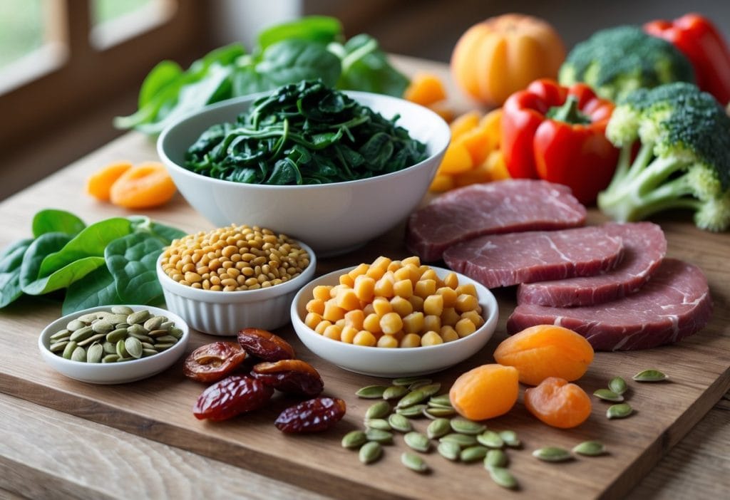 A variety of iron-rich foods including spinach, lentils, red meat, pumpkin seeds, chickpeas, dried apricots, broccoli, and red bell peppers arranged on a wooden table.
