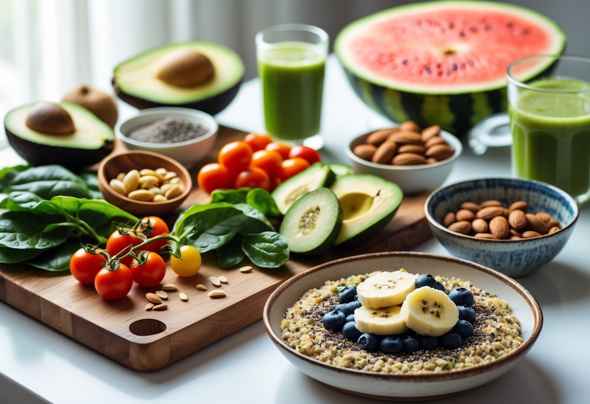 A breakfast table with avocado, cherry tomatoes, cucumber, spinach, mixed fresh fruits, green juice, almonds, and quinoa porridge.