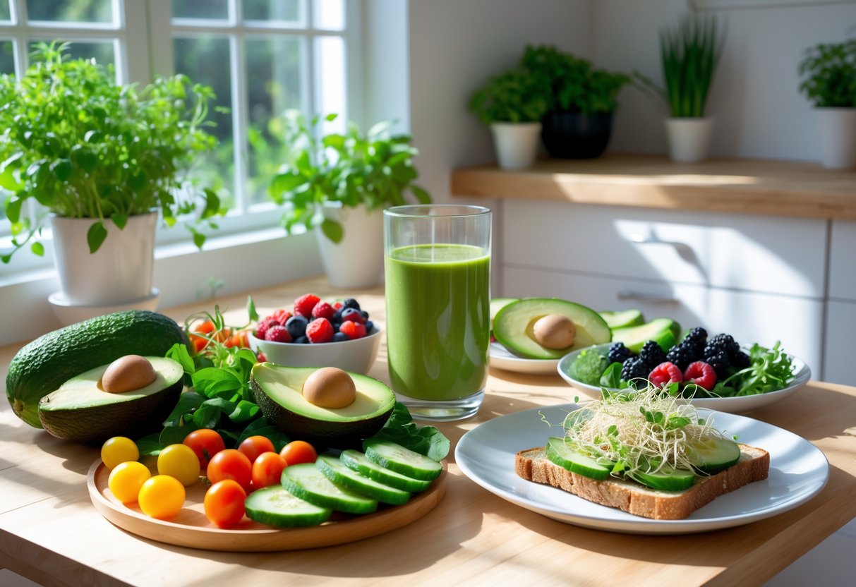 A kitchen table with a colorful alkaline diet breakfast including avocado toast, fresh vegetables, berries, and a green smoothie.