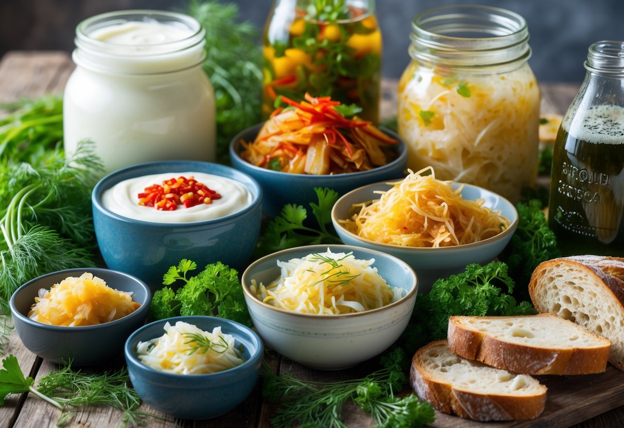 An assortment of probiotic foods including yogurt, kimchi, sauerkraut, kombucha, and sourdough bread arranged on a wooden table.