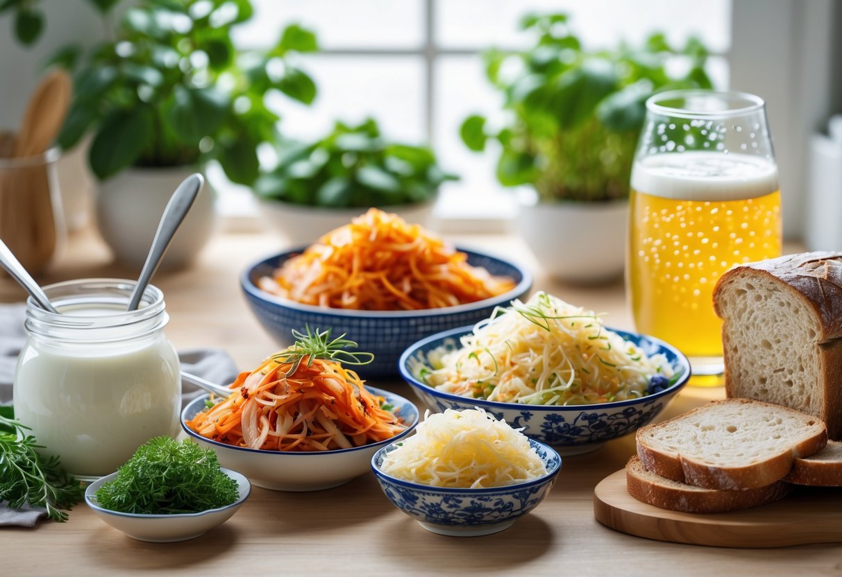 A kitchen table with various probiotic foods including yogurt, kimchi, sauerkraut, sourdough bread, and kombucha.