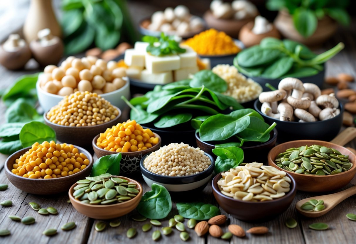 A variety of zinc-rich vegetarian foods including lentils, chickpeas, tofu, pumpkin seeds, quinoa, spinach, almonds, and mushrooms arranged on a wooden table.