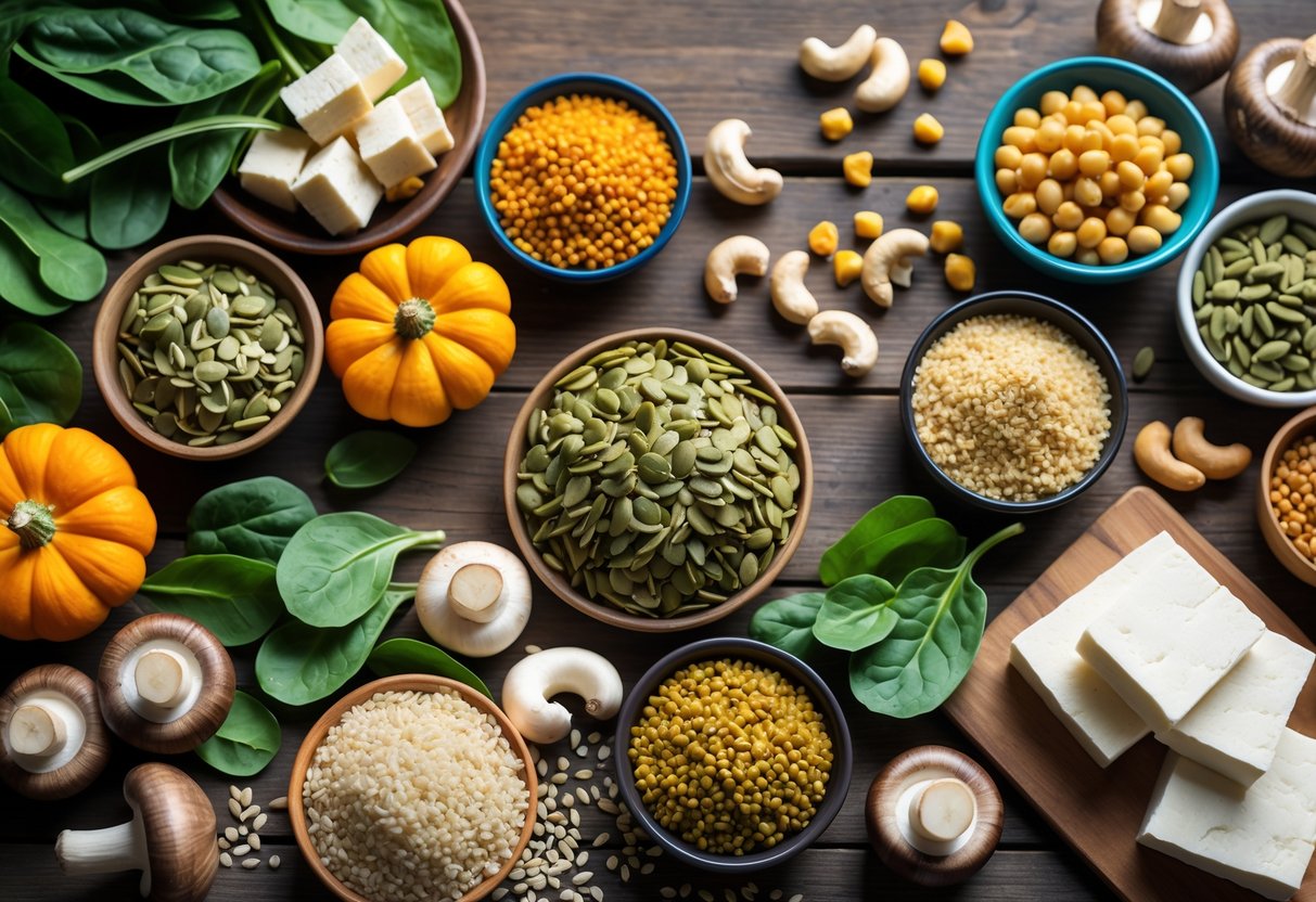 An assortment of vegetarian zinc-rich foods including seeds, nuts, legumes, tofu, spinach, and mushrooms arranged on a wooden table.
