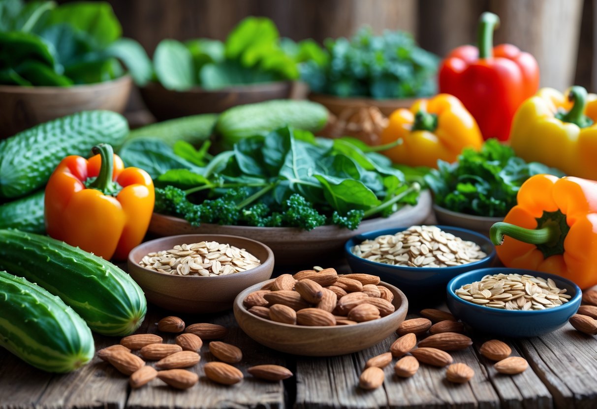 A variety of fresh silica-rich foods including cucumbers, leafy greens, grains, almonds, and bell peppers arranged on a wooden table.