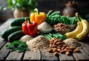 A selection of fresh silica-rich foods including cucumbers, bell peppers, oats, brown rice, green beans, bananas, and almonds arranged on a wooden table.