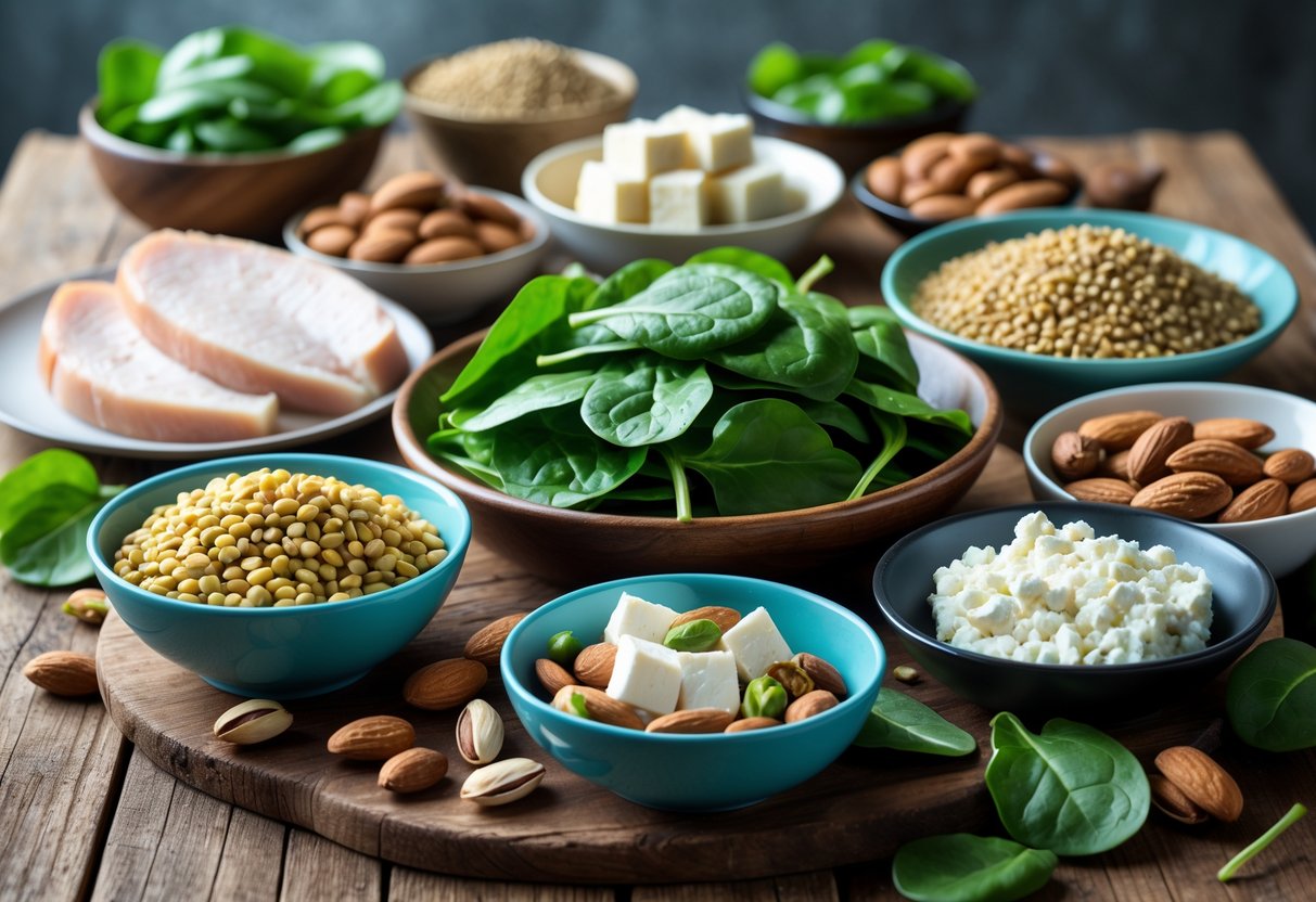 A variety of foods high in lysine arranged on a wooden table, including cooked chicken, lentils, tofu, quinoa, nuts, cottage cheese, and spinach leaves.