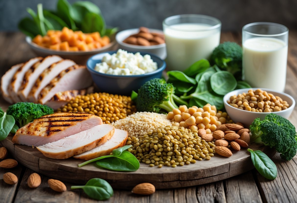 An assortment of foods high in lysine including grilled chicken, turkey slices, cottage cheese, milk, lentils, chickpeas, quinoa, almonds, spinach, and broccoli arranged on a wooden table.