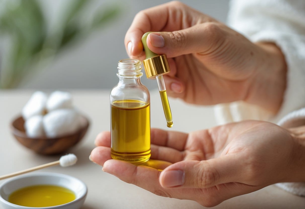 A close-up of a hand holding a small bottle of olive oil with a dropper releasing a drop, next to a cotton swab and a bowl of olive oil.