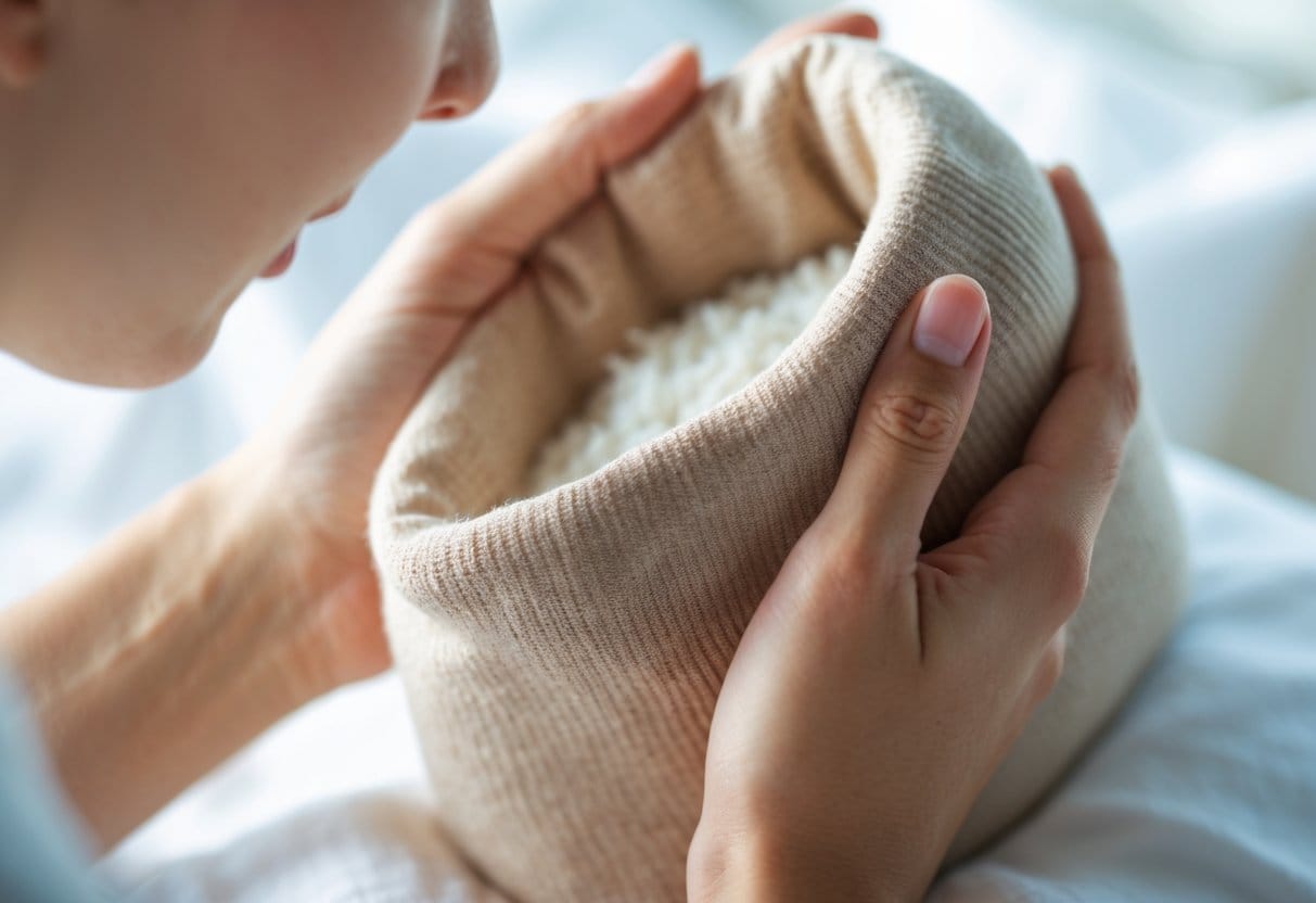 A person holding a warm rice sock against their ear to relieve earache.