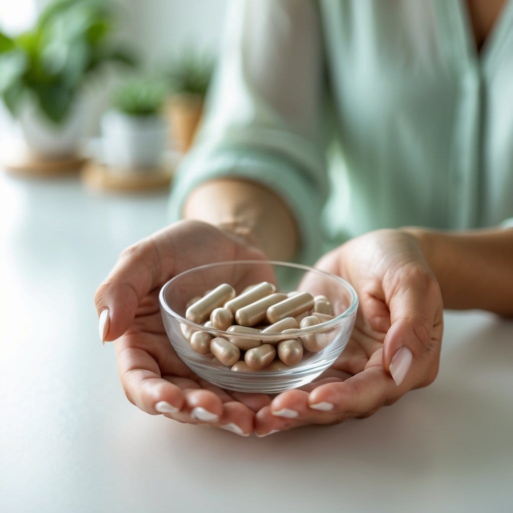 A woman holding a small glass bowl filled with iron supplement capsules at a bright table in a kitchen setting.