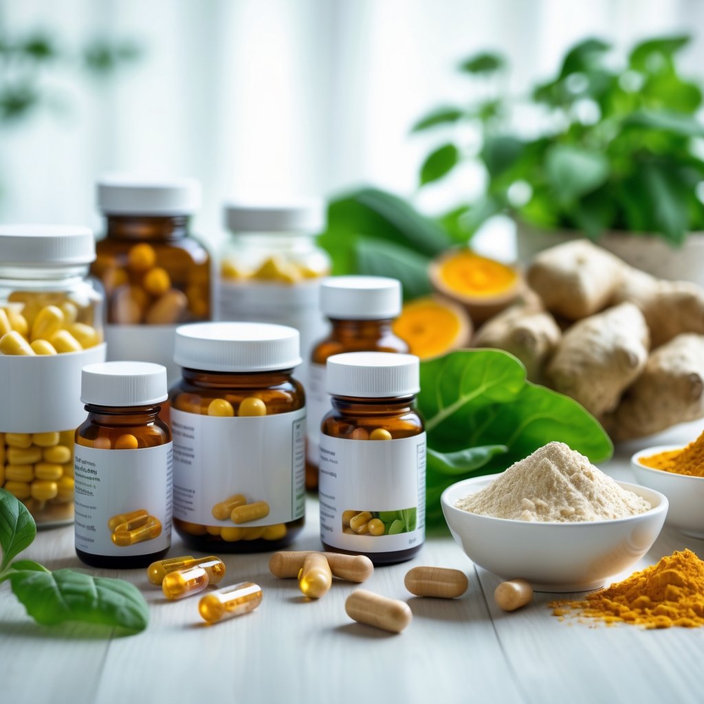 A collection of gut health supplements and natural ingredients arranged on a wooden surface.