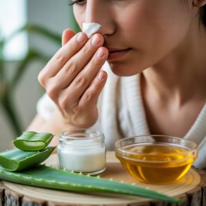 A person applying a natural remedy to their dry nose with aloe vera leaves, coconut oil, and honey on a wooden surface nearby.