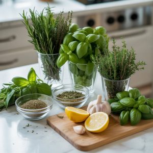 A kitchen countertop with fresh herbs like rosemary, thyme, oregano, and basil arranged with lemon slices and garlic.