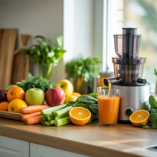 A kitchen countertop with fresh fruits and vegetables next to a juicer and a glass of juice.