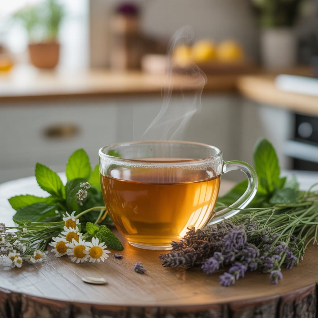 A glass cup of herbal tea on a wooden table surrounded by fresh herbs and flowers.
