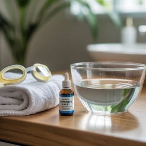 A bathroom countertop with a bowl of warm water, ear drops bottle with dropper, folded towel, and swimming goggles.