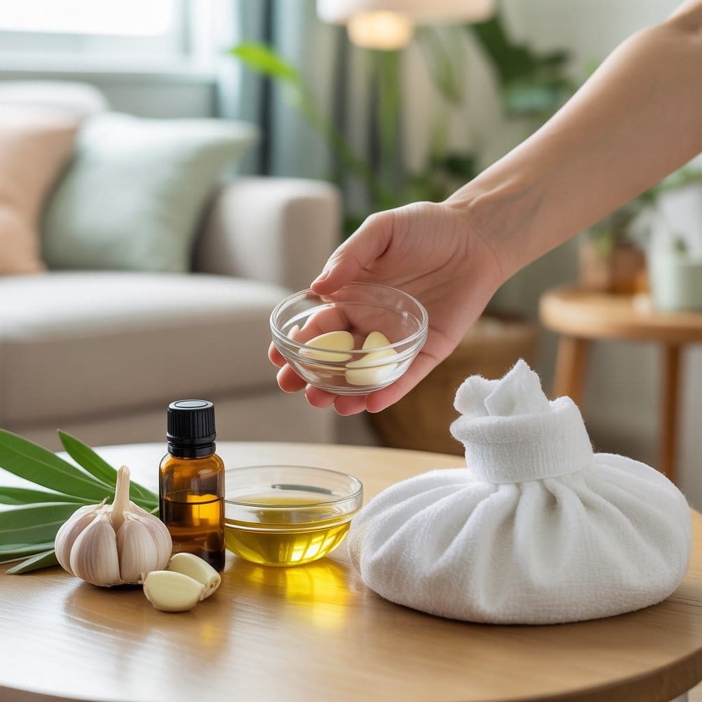 A person holding a small bowl with garlic and olive oil on a wooden table with a towel and warm compress nearby in a cozy home setting.