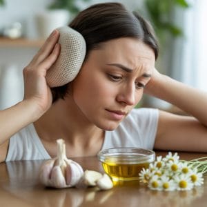 Person applying a warm compress to their ear with natural ingredients like garlic and chamomile on a table nearby.
