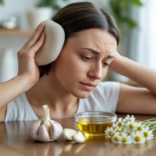 Person applying a warm compress to their ear with natural ingredients like garlic and chamomile on a table nearby.