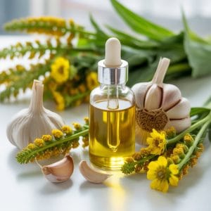 A dropper bottle of golden ear oil surrounded by fresh mullein flowers and garlic bulbs on a white surface.