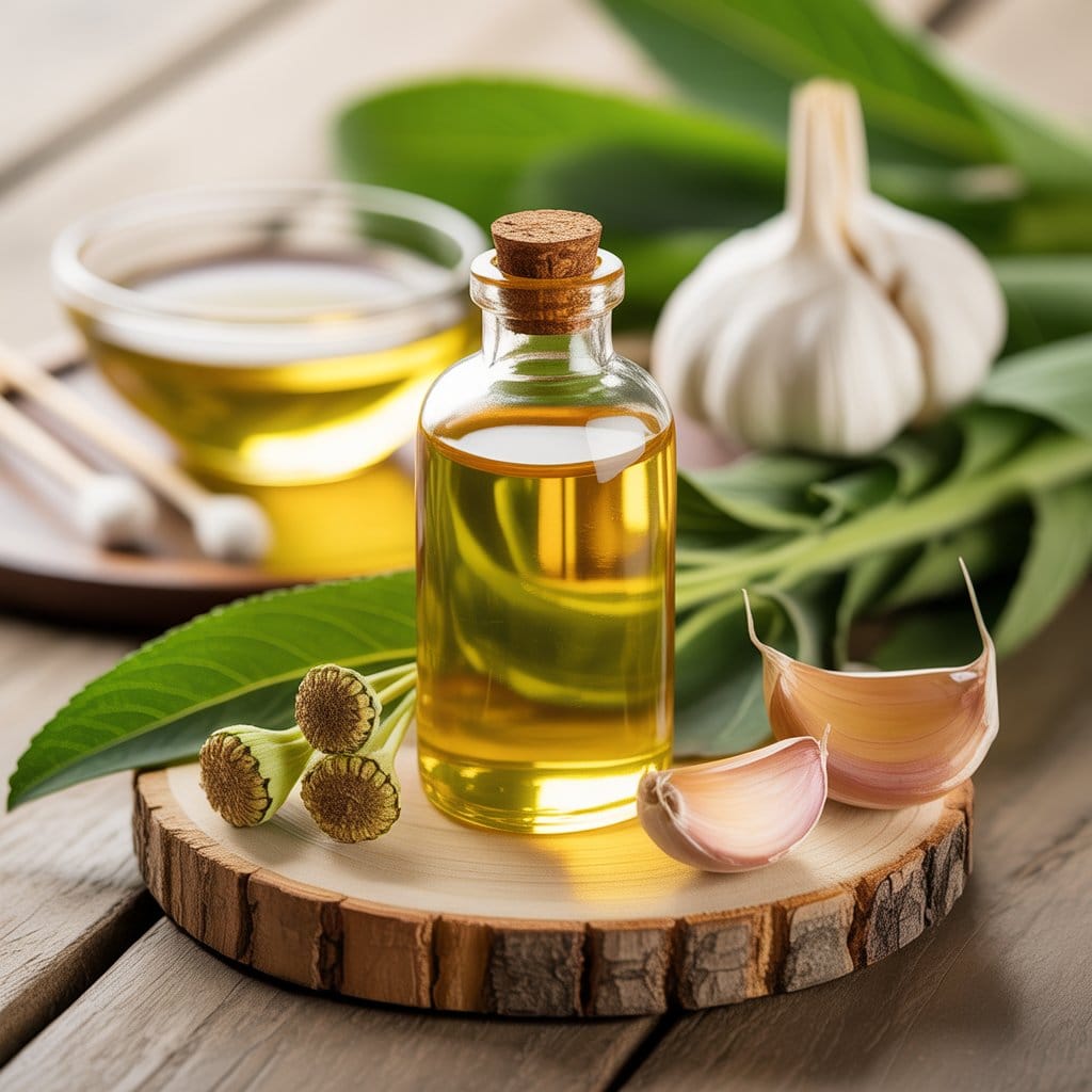 A bottle of mullein garlic ear oil on a wooden surface surrounded by fresh mullein leaves and garlic cloves.