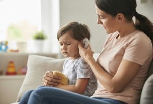 A mother comforting her young child who is experiencing an ear ache in a bright living room.