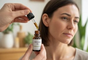 A person holding a dropper with oregano oil near the ear of a calm woman in a softly lit room.