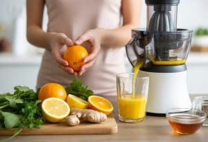 Hands preparing fresh citrus and ginger juice in a kitchen with fresh ingredients on a cutting board and a glass of juice nearby.