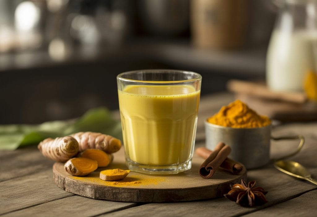 A glass cup of golden turmeric milk on a wooden table surrounded by turmeric roots, turmeric powder, and spices.