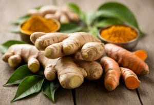 Fresh ginger and turmeric roots with green leaves and small bowls of ground powder on a wooden surface.