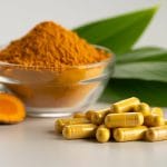 Close-up of turmeric powder, turmeric roots, and yellow turmeric capsules arranged on a white surface with green leaves in the background.