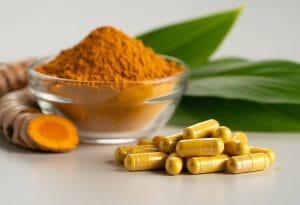 Close-up of turmeric powder, turmeric roots, and yellow turmeric capsules arranged on a white surface with green leaves in the background.