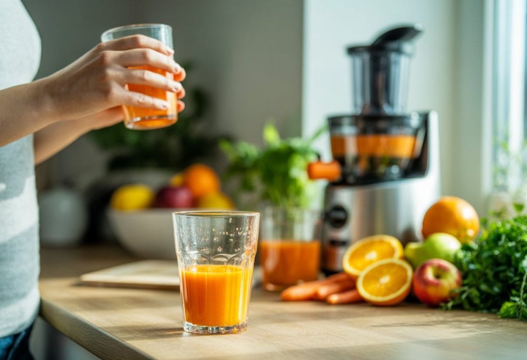 A glass of fresh orange and carrot juice on a kitchen counter surrounded by fresh fruits and vegetables with a person holding the glass.