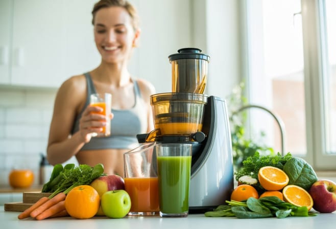 A bright kitchen scene with fresh fruits, vegetables, and a juicer, and a person holding a glass of juice looking energized.