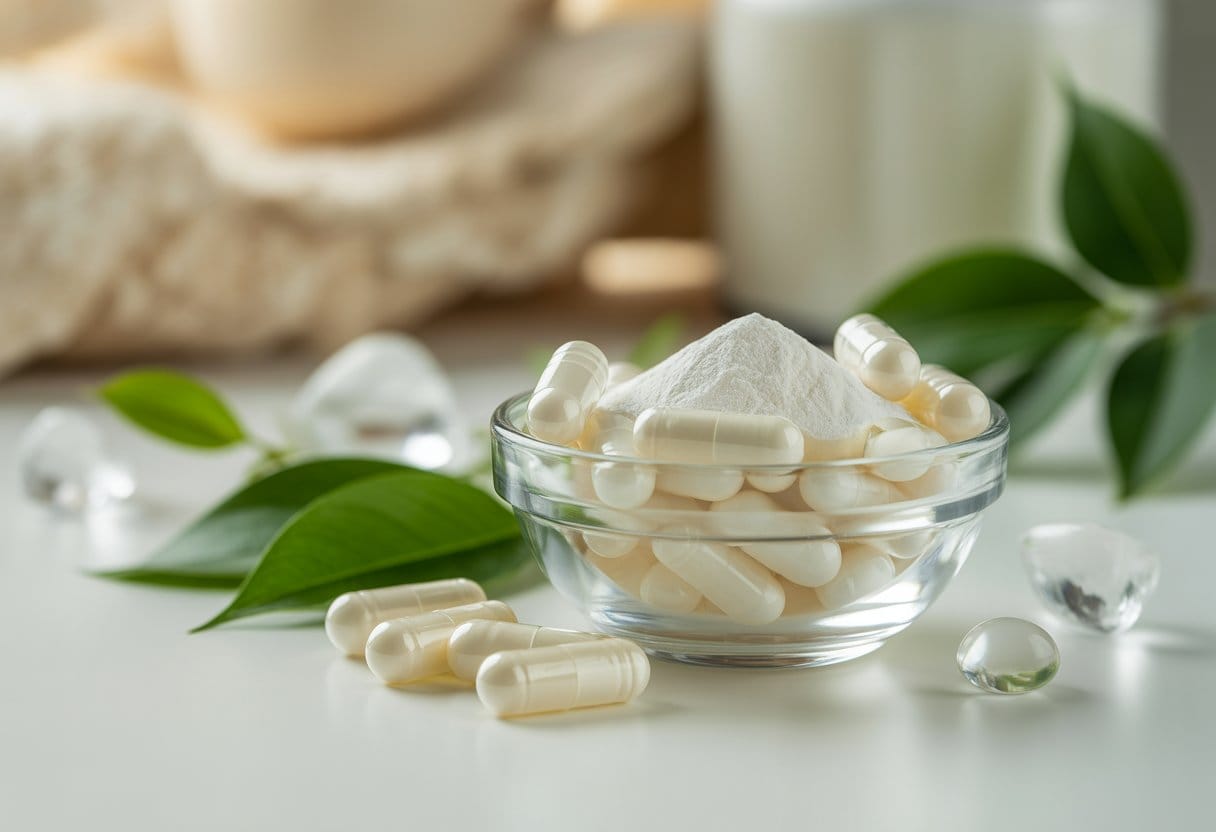 Close-up of a glass bowl with white silica supplement capsules and powder surrounded by green leaves and quartz crystals on a white surface.