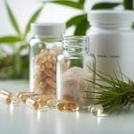 Silica Supplements: Essential Benefits for Bone Health and Collagen Production Close-up of silica supplement capsules and glass bottles surrounded by horsetail plant sprigs and bamboo leaves on a white surface.