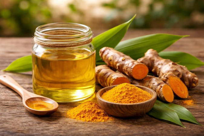 A jar of coconut oil with turmeric roots, turmeric powder, and green leaves arranged on a wooden surface.
