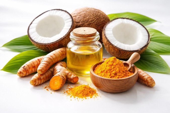 Fresh coconut oil in a glass jar with turmeric roots, turmeric powder in a wooden bowl, and coconut halves arranged on a white surface.
