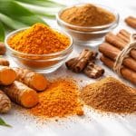 Fresh turmeric roots, turmeric powder, cinnamon sticks, and ground cinnamon arranged on a white surface with small bowls of powder and green leaves.