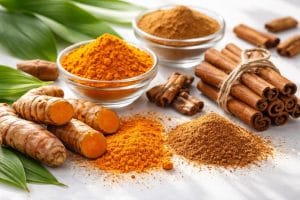 Fresh turmeric roots, turmeric powder, cinnamon sticks, and ground cinnamon arranged on a white surface with small bowls of powder and green leaves.
