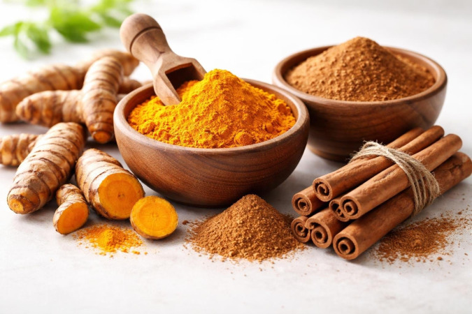 Fresh turmeric roots and powder next to cinnamon sticks and ground cinnamon arranged on a white surface.