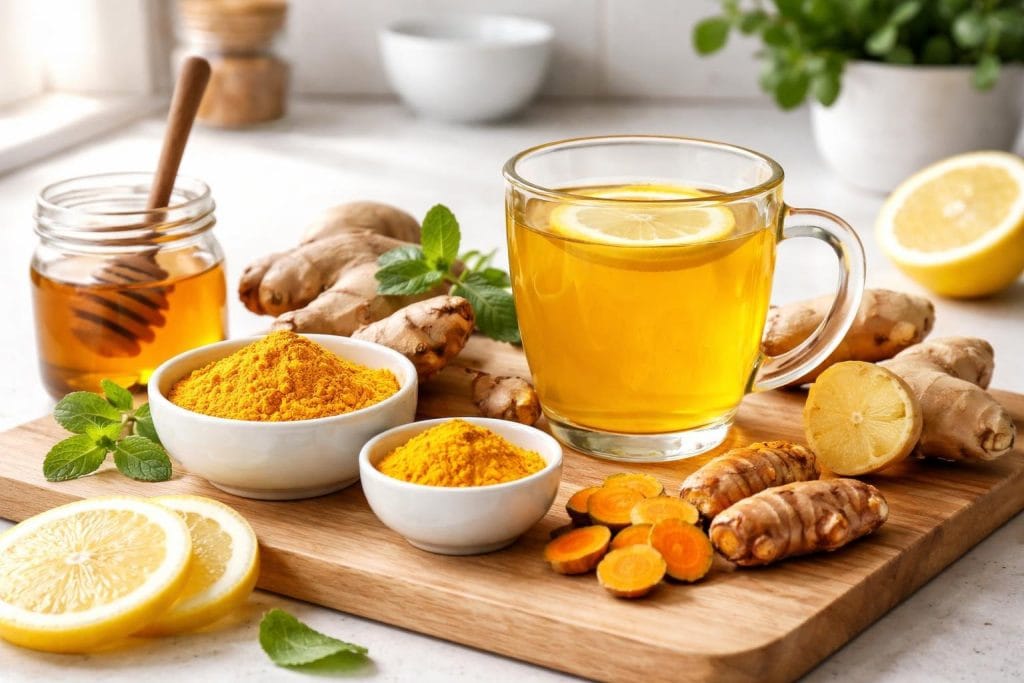 A kitchen countertop with fresh turmeric root, turmeric powder in bowls, a glass of turmeric tea, lemon slices, honey, and ginger arranged neatly.