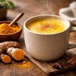 A steaming cup of golden turmeric coffee on a wooden table surrounded by fresh turmeric roots, turmeric powder, and a cinnamon stick.